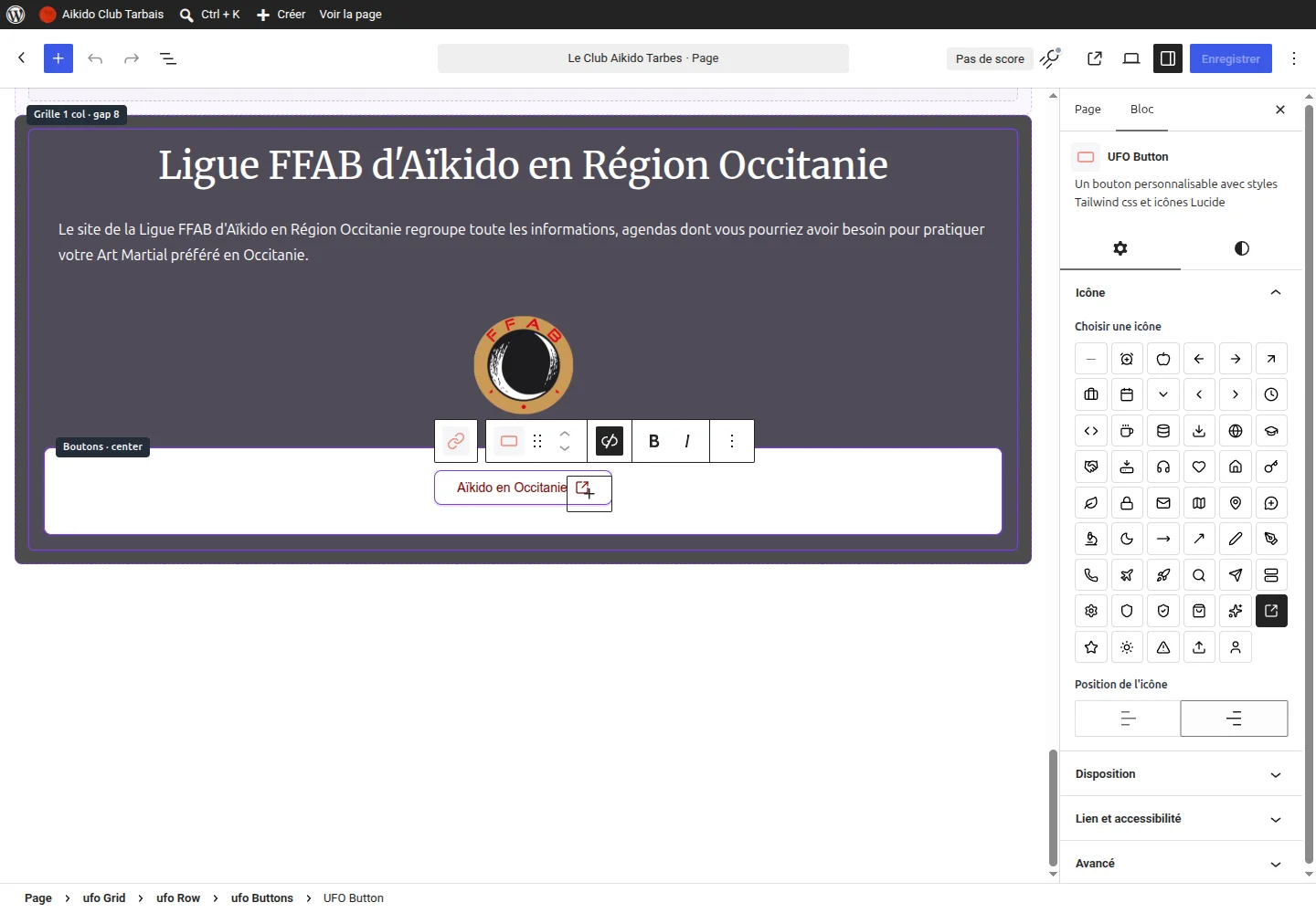 Réglages du bloc UFO Button dans l'éditeur WordPress, avec la bibliothèque d'icônes et la position de l'icône