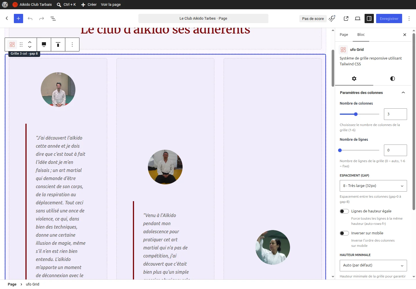 Bloc ufo Grid à trois colonnes sélectionné dans l'éditeur WordPress, avec ses réglages dans le panneau de droite