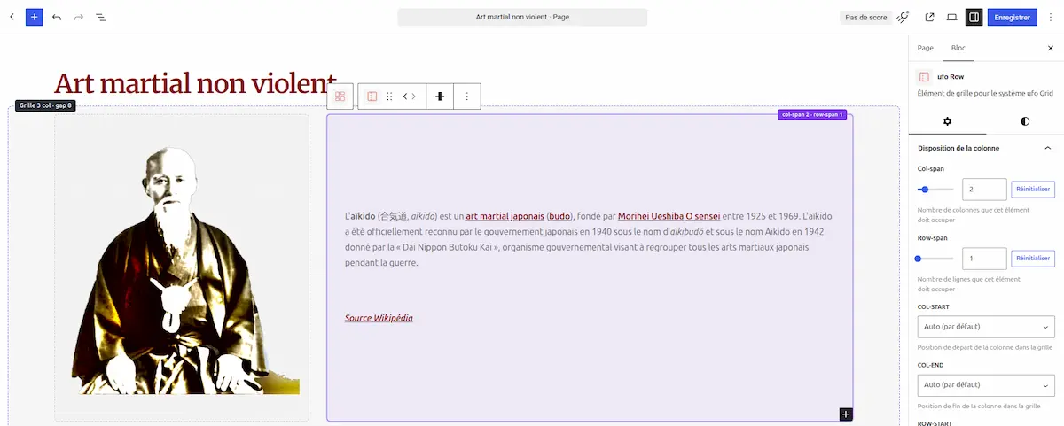 Bloc ufo Grid à trois colonnes sélectionné dans l'éditeur WordPress, avec ses réglages dans le panneau de droite