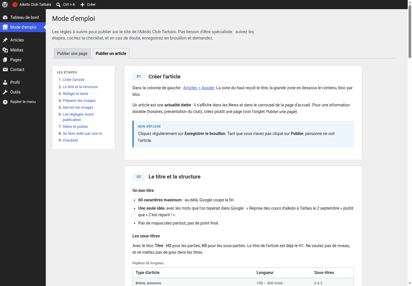 Onglet Mode d'emploi dans l'administration WordPress du site de l'Aïkido Club Tarbais, section Publier un article