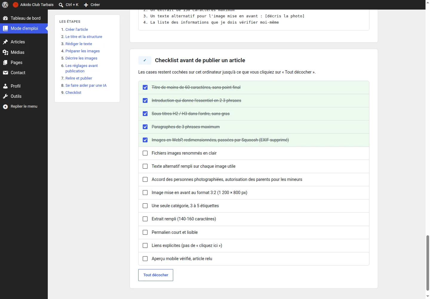 Checklist avant de publier un article dans le mode d'emploi WordPress, cinq cases déjà cochées