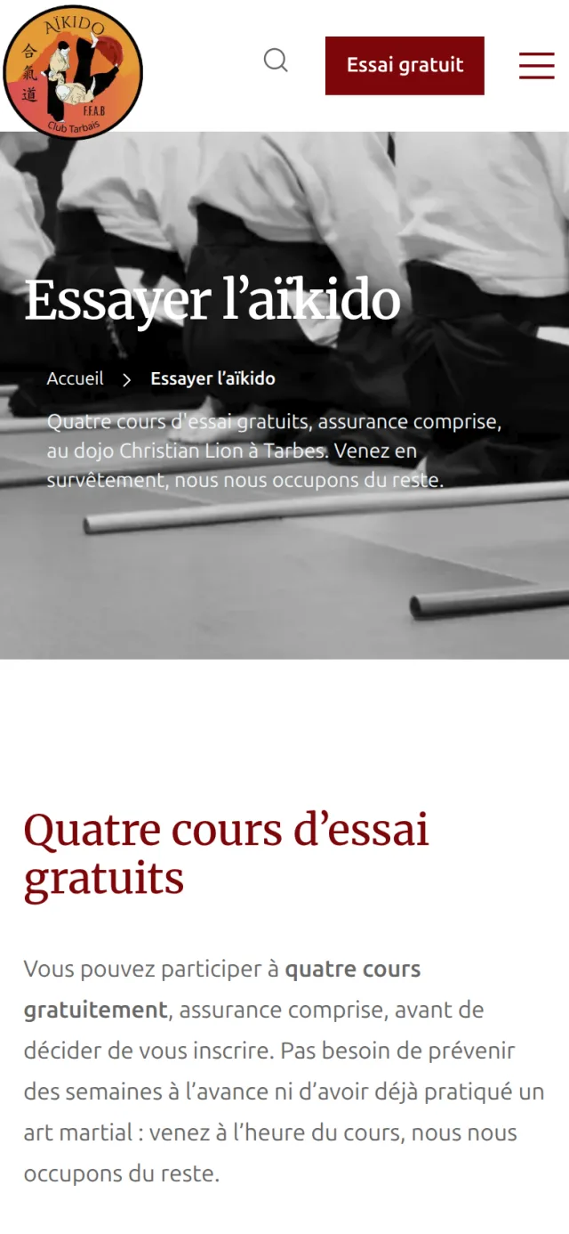 Page Essayer l'aïkido du site de l'Aïkido Club Tarbais affichée sur mobile
