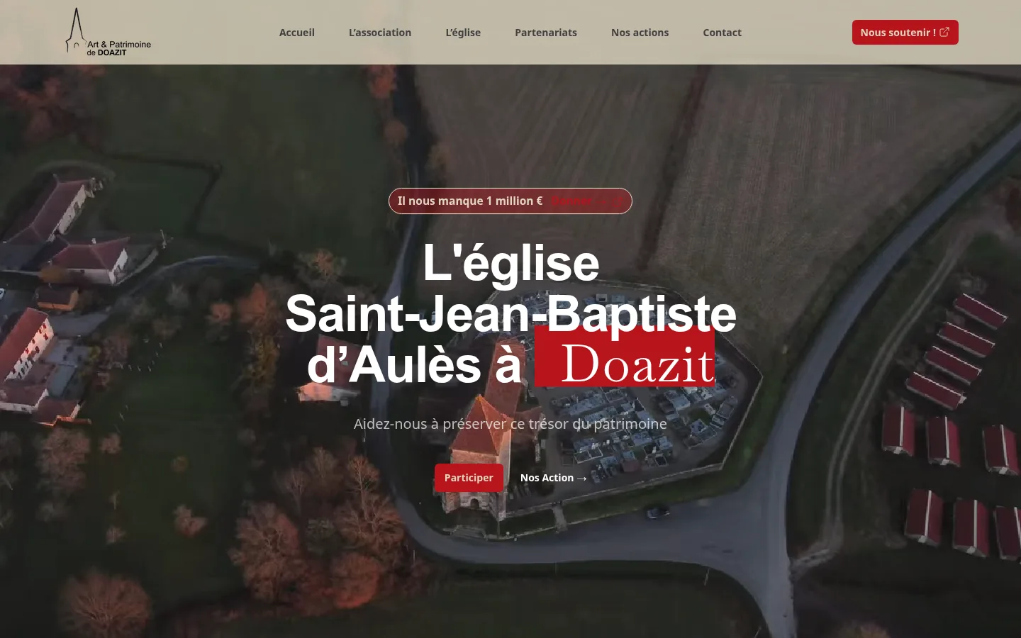 Page d'accueil du site patrimoine-doazit.fr avec la vidéo aérienne de l'église d'Aulès