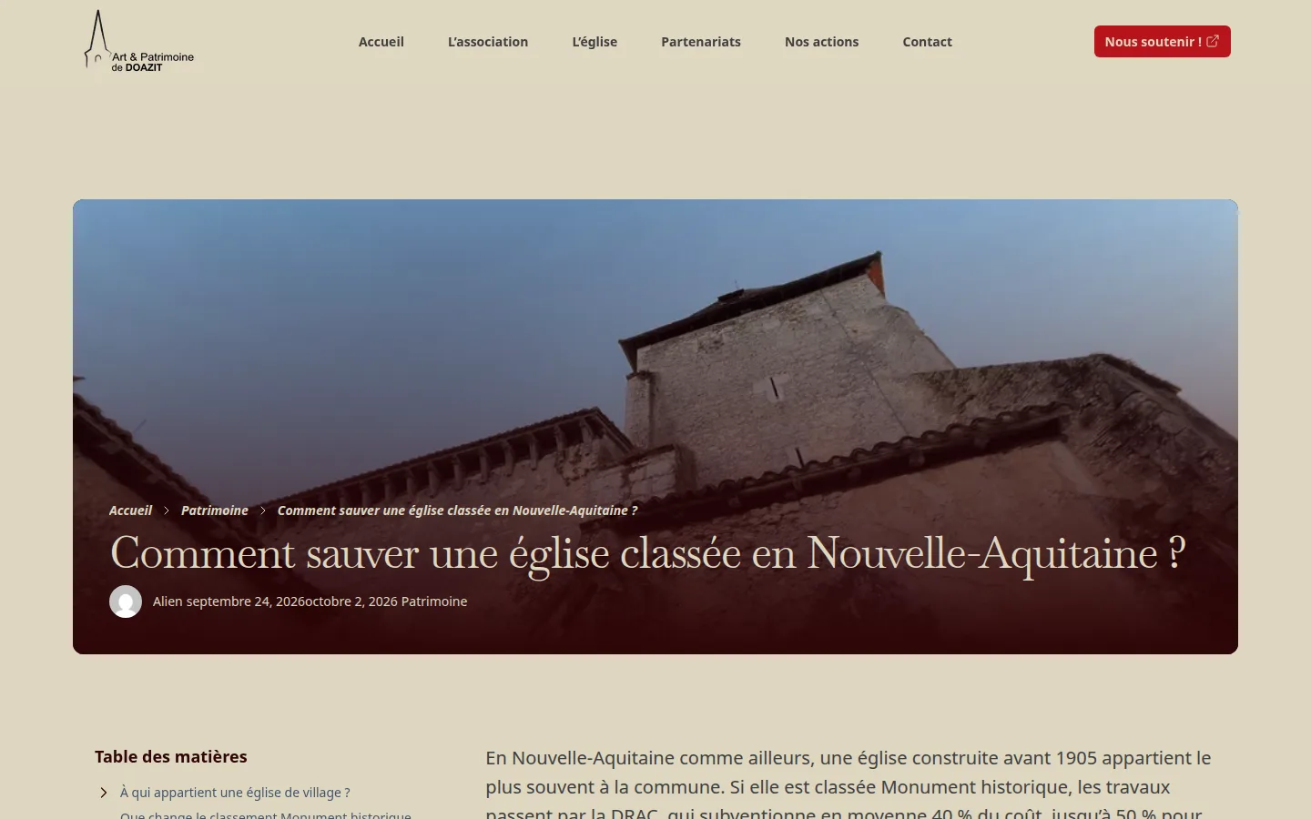 Article de blog sur le financement de la restauration d'une église classée
